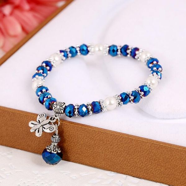 Mode étudiant brins Bracelets papillon pendentif en plein air femme Vintage bijoux coloré cristal brillant chaîne bonbons perles Bracelet