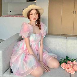 Mode Stijl Elegante Prinses Jurk Rainbow Fairy Rok Bubble Sleeve Puffy Short Kawaii Mini Women 210623