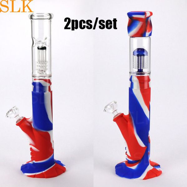 Style de mode verre filtre silicone bong narguilé conduite d'eau 14 pouces double verre vers le bas tige percolateur tube droit dab rig coloré