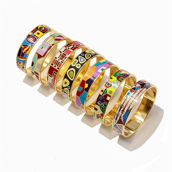 Brazalete de oro de estilo moderno con diseño de dibujo de colores para mujer, brazalete de edición amplia con esmalte de acero y titanio, pulsera de aceite por goteo Fina 271G