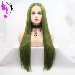 Mode Style vert pré plumé 13x4 dentelle avant perruques synthétiques avec des cheveux de bébé cheveux raides brésilien Cosplay perruques pour les femmes