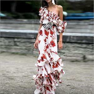 Modestijl Premium Topkwaliteit Origineel Ontwerp Dames Maxi-jurk Dames Sexy Elegant Afdrukken Slash Hals Ruche Jurken2524