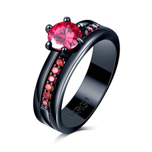 Estilo de moda Red Cubic Zircon Garnet Anillos para mujeres Lady Black Gold Gold Wedding Engagement Love Promise Anel Anel