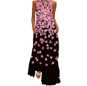 Mode-stijl vintage drukkaden vrouwen zonsondergang 2022 zomer v-neck mouwloze lange jurk elegante dames maxi jurken plus maat 5xl