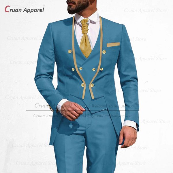 Costumes de mode pour hommes Slim Fit luxe dîner de fête mariage marié Tuxedos personnalisé col montant veste gilet pantalon 3 pièces ensemble 240117