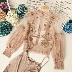 Mode zomer 3D perspectief gaas kant bloem casual shirts dame lange lantaarn mouw elegante blouse en tops 210527