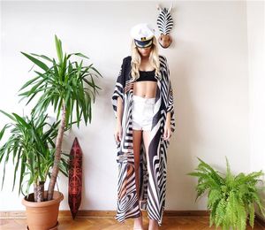 Mode-zomer bikini cover-ups vrouwen lange zebra gestreepte strand voorkomen bask in cardigan badmode kleding voor vrouwen