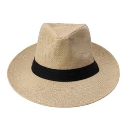 Fashion Summer Casual Unisex Beach Trilby Large Jazz Sun Panama Hat Paper Straw Women Men Cap met zwart lint 220627