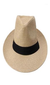Fashion Summer Casual Unisex Beach Trilby grote rand Jazz Sun Hat Panama Hat Paper Straw Women Men Cap met zwart lint18450707