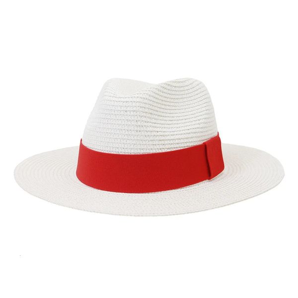 Mode été décontracté unisexe plage large bord Jazz chapeau de soleil Panama papier paille femmes hommes casquette avec ruban rouge 240320