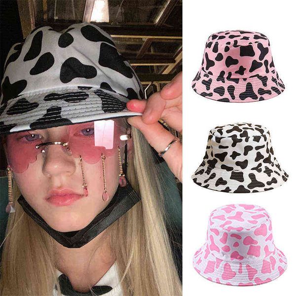 Moda verano vaca patrón mujeres cubo sombrero al aire libre sol señora panama cap cebra hembra pescador sombreros planos doble lado sol gorras y220301