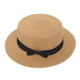 Mode zomer vrouwelijke brede randwat flat top vakantie zeer zonbescherming grote stro boog decoratie verstelbare pet