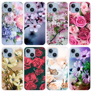 Mode Zomer Bloem Zachte TPU Case Voor Iphone 15 Plus 14 Pro MAX 13 12 11 XR XS 8 7 iPhone15 Rose Perzik Bloesem Chrysanthemum Rivieren Vlinder Mobiele Telefoon Back Cover