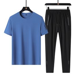 Модные летние брюки из ледяного шелка, футболка с коротким рукавом, костюм из двух предметов, спортивный костюм высокого качества, спортивные штаны, мужской спортивный костюм, комплект