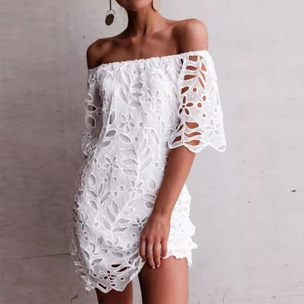 Mode été dentelle Crochet robe femmes hors épaule à manches courtes fête blanc robe d'été Sexy bateau cou évider Vestido