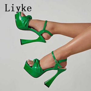 Fashion Summer Liyke Nouveau Sandales ouvertes sexy Toe à fond épais Plate-forme haute talons hauts Femmes Boucle Strap Party Robe Chaussures Green T DF B