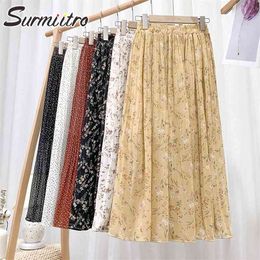 Jupes longues d'été de mode femmes style coréen mousseline de soie florale esthétique taille haute jupe midi plissée femme 210421