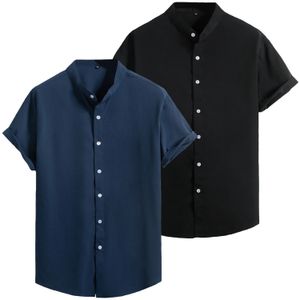 Fashion Summer Mens Plain Shirt Stand Collier à manches courtes Couleur continue Couch Casual Buttondown Black Robe Shirts For Men 240403