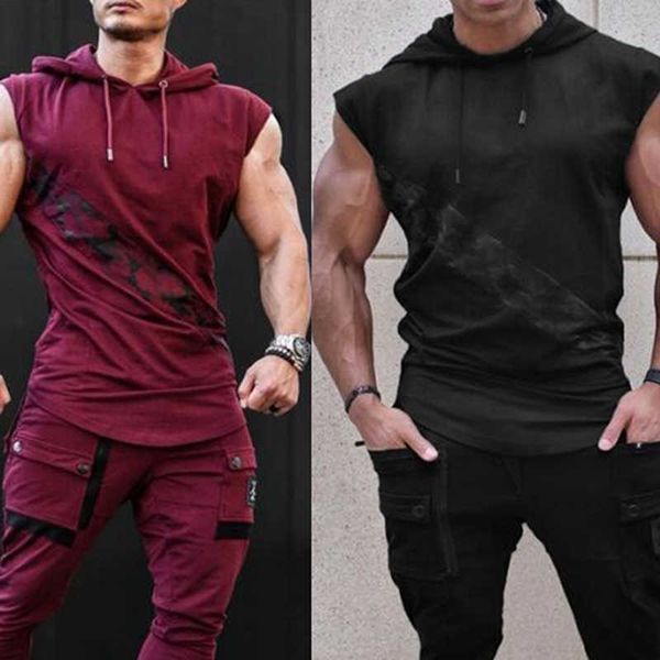 Mode Summer Mens Sweat à capuche sans manches T-shirts Muscle Sweat-shirt Cool Hoody Tops Gym Sport Slim Fitness Sportswer Tees 210629