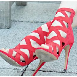 Fashion Summer New Women Open Toe Band Cross Stiletto Gladiator Back Zipper-Up Red Blue Sandals Dr A9e