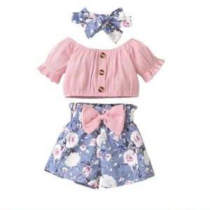 Ensemble de vêtements d'été pour nouveau-né fille, haut à manches courtes, à volants, imprimé Floral, Short, bandeau, tenues pour nourrissons, 3 pièces