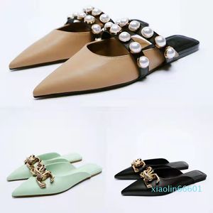 Mode-Été décoration de perles fond plat pantoufles polyvalentes décontractées pour femmes casquette pantoufles à bouche peu profonde les sandales peuvent porter des demi-pantoufles