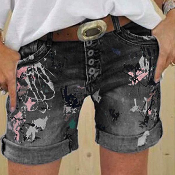 Mode Summer Plus Taille Femmes Shorts Modèle Impression Denim Dames Jeans Courts Imprimé Taille Haute Short Femme 210515