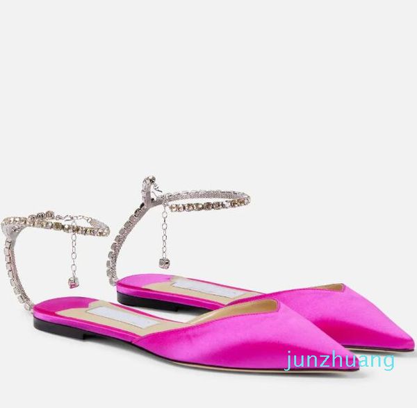 Mode été Saeda sandales chaussures femmes cristal plat 14 sangles paillettes bout pointu belle dame marche chaussures de luxe EU35-43