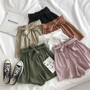 Mode zomer shorts Koreaanse effen kleur losse coole lace-up elastische hoge taille wide poot casual dames wit 210714