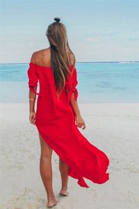 Mode-zomer slash nek chiffon jurken strand gesplitst asymmetrische sexy jurk dames reizen zwarte jurk causale kleding