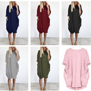 Mode zomer vrouwen jurk casual baggy pocket jurken lange mouw plus size vet zus jurk losse buisvormige stijl strand jurken S-5XL