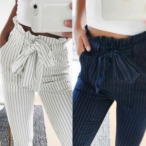 Moda de verano de las mujeres pantalones harén de rayas OL de cintura alta elástico pajarita bolsillos con cordón señoras pantalones casuales -MX8 201031