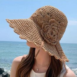 Chapeaux de soleil d'été pour femmes, casquette seau en dentelle avec nœud papillon, ruban de fleurs, chapeau plat Panama en paille douce, casquettes de plage à large bord 234k