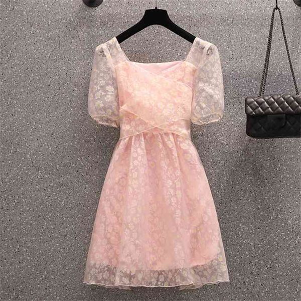 Mode Sommer Frauen Süße Quadrat Kragen Blumen Rosa Chiffon Kleid Schlank Puff Sleeve Mädchen Lace Up Mini Kleider Plus größe 210519