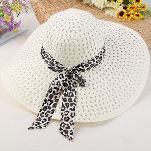 Fashion Sun Hats For Women Girls Wide Brim Floppy Straw Hat Summer Bohemia Beach Cap Ribbon Leopard Chapeau Femme Elob22