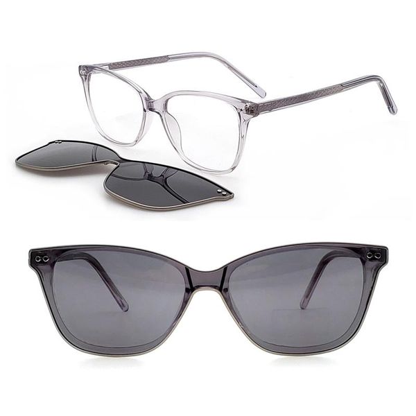 Monturas de gafas de sol de moda Clip de acetato en montura de gafas ópticas de forma única con lentes polarizadas de borde de acero magnético H7801