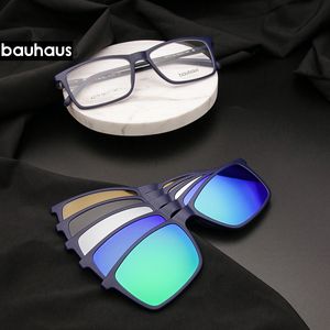 Mode zonnebrillen frames bauhaus gepolariseerde zonnebrillen mannen 5 in 1 magnetische clip op glazen ultem optisch recept brillen