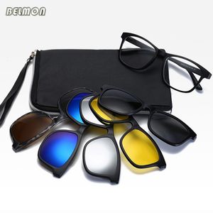 Lunettes de soleil de mode Cadres Belmon 6 en 1 Monture de lunettes Hommes Femmes avec 5 PCS Clip sur lunettes de soleil polarisées Lunettes magnétiques Mâle Ordinateur Optique 2201 230923