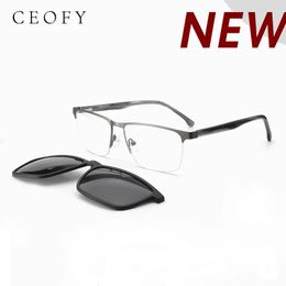 Marcos de gafas de sol de moda Ceofy Hombres Medio borde de metal Gafas Marco Visera de sol Clip magnético en diseño de marca Marco de anteojos ópticos Cara grande Alta calidad 231215