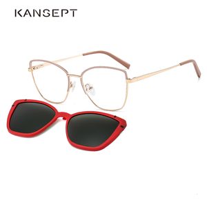 Cadres de lunettes de soleil de mode KANSEPT Cat Eye Metal 2 en 1 Clip sur monture de lunettes magnétiques pour femmes lunettes de myopie optique lunettes de soleil polarisées B23109 230825