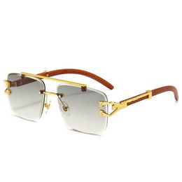 Marcos de gafas de sol de moda El último diseñador para mujeres Leopardo dorado Decorativo Doble haz Gafas Marco Imitación de madera Sombrilla Protección UV Conducción Cuadrado