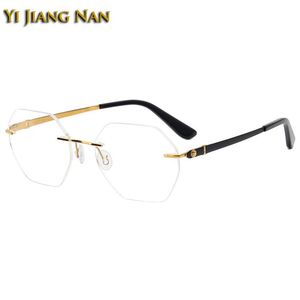 Mode zonnebril frames vrouwen zeshoek pure titanium optische randloze eyewear lichtgewicht flexibele recept bril frame mannen brillen