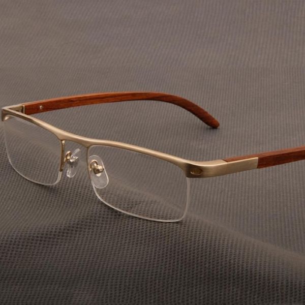 Marcos de gafas de sol de moda Marco de gafas de madera Hombres Mujeres Vintage Medio borde Ojo Óptico Miopía Anteojos recetados Gafas transparentes 197L