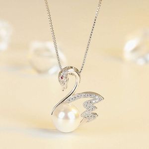 Fashion Swan Pearl AAA Zirkon Diamonds Gemstones Hanger Kettingen voor vrouwen Wit goud Sier Color Choker Sieraden Bijoux Gift