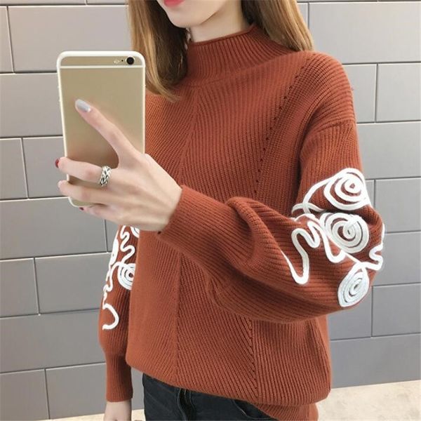 Mode- Pull Femmes Coréenne Pull Femme Hiver Jumper Crochet Manches Bouffantes Pull Sueter Mujer Col Roulé Chandails Tricotés 36816MX190820