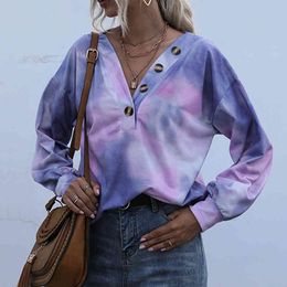 Fashion Sweatshirt Herfst Winter O Hals Tie-Dye Gradiënt Trui Vrouwelijke Dunne Type met Knop Sweatshirt voor Vrouwen Volledige 210514