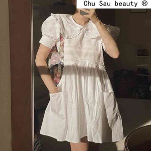 Mode Doux Chic Poupée col Lâche Mini Robe Femmes D'été Streetwear Blanc Coton Robes Femme Robe De Moda 210508