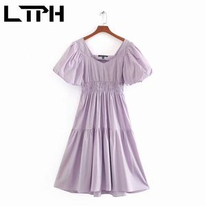 Mode Sweet Purple V-Col V-Col Lantern Manches Femmes Robe Longue Big Swing Taille haute Vintage Robes élégantes Printemps 210427