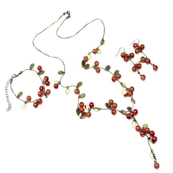 Mode doux Vintage bijoux rouge acrylique perle cerise chaîne Long collier Bracelet boucle d'oreille ensemble de bijoux entier 10 Sets261u