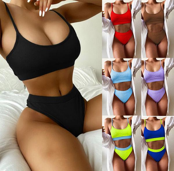 Fashion Swimwear Push Up Bathing Fissure Coiffing Two-Piece Costumes 2024 Sexy Bikini Set High Wisted Pleed Wavy Neon Swimsuit Women Bandage Beachswear Monokini Ready Stock